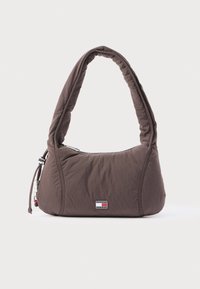 Brown nylon shoulder bag with a curved, padded design, featuring a zipper closure and a small logo detail. Textured fabric and prominent handle.