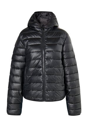 Schwarze, gepolsterte Jacke mit Kapuze, mit durchgehendem Reißverschluss, gestepptem Design und zwei Seitentaschen. Glänzendes, wasserabweisendes Material.