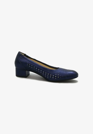 Scarpa da donna blu navy con tacco basso a blocco, lati traforati e dettaglio sul puntale su sfondo bianco.