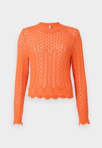 Pullover arancione brillante lavorato a maglia con un motivo a diamante testurizzato, collo a girocollo a coste e orlo scallop. Maniche lunghe con polsini a coste.
