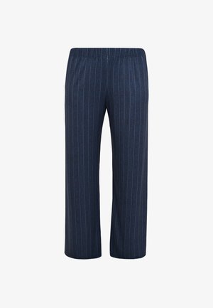 Navyblaue Hosen mit weitem Bein, hellen vertikalen Nadelstreifen und elastischem Bund, auf weißem Hintergrund dargestellt.