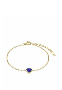 Bracciale in oro con un elemento centrale a forma di cuore di ametista. Lunghezza regolabile con chiusura a gancio e maglie texturate.