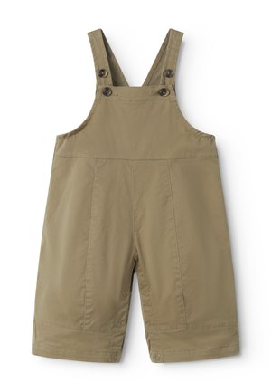 Otroške kombinezonske hlače barve kaki z nastavljivimi naramnicami in pritiskači vzdolž notranjih šivov nog, kar omogoča enostavno oblačenje.