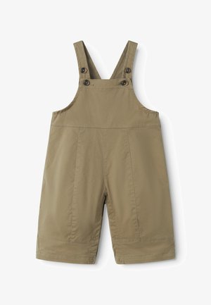 Khaki värvi väikelapse täispüksid reguleeritavate õlapaelte ja klõpsnuppudega sisemise jalaõmbluse ääres, mis hõlbustavad riietumist.