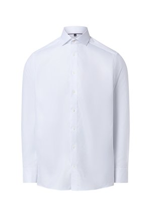 Weißes Langarmhemd aus strukturiertem Stoff mit klassischem Kragen und einer durchgehenden Knopfleiste mit sechs Knöpfen.