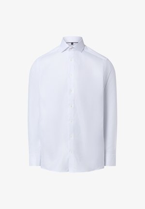 Weißes Langarmhemd aus strukturiertem Stoff mit klassischem Kragen und einer durchgehenden Knopfleiste mit sechs Knöpfen.