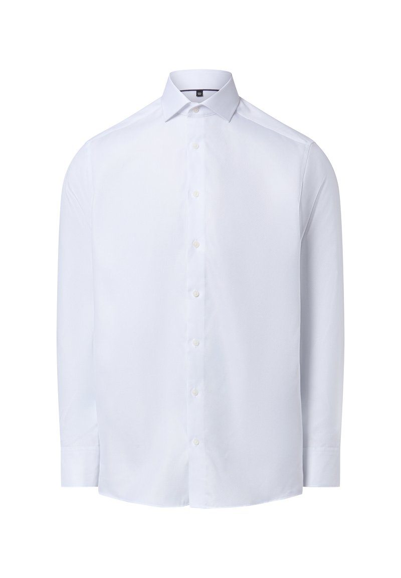 Camicia bianca a maniche lunghe in tessuto strutturato, dotata di colletto classico e davanti con sei bottoni.