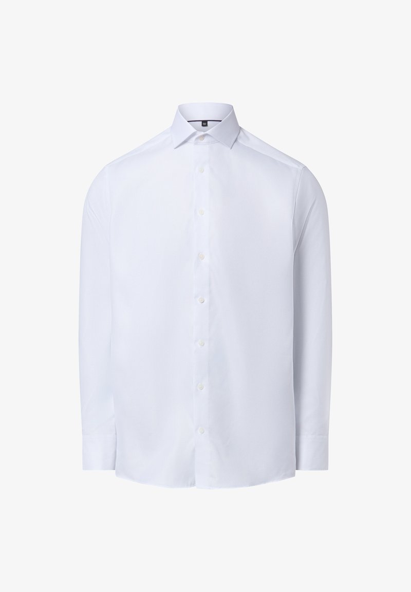 Camicia bianca a maniche lunghe in tessuto strutturato, dotata di colletto classico e davanti con sei bottoni.