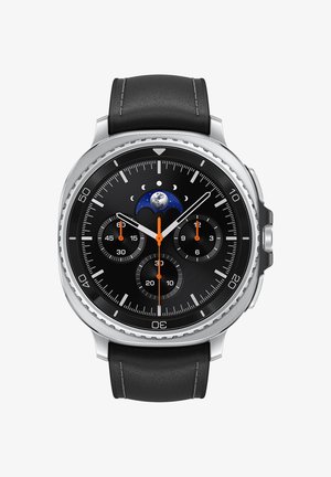 Round silver smartwatch with black leather strap, black dial, moon phase display, three orange and silver hands, and three subdials showing seconds and minutes.