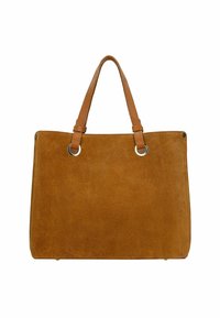 Brązowa torebka typu tote z zamszu o teksturowym wykończeniu, z podwójnymi krótkimi uchwytami, srebrnym metalowym okuciem oraz prostokątnym kształtem. Gładkie boki bez ozdób.