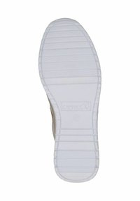 Suola di scarpa in gomma bianca con scanalature orizzontali e verticali, presenta un logo e un numero di modello impressi sulla superficie.
