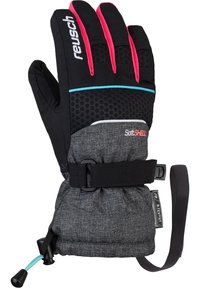 Guantes negros y grises con material de softshell, detalles en un rosa brillante, textura antideslizante, puño ajustable y cordón en la muñeca.