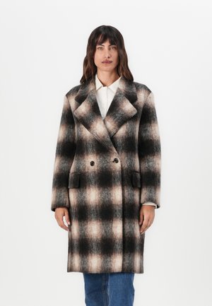 Kariertes Wollmantel mit doppelter Knopfleiste, großen aufgeschlagenen Revers, zwei vorderen Taschen und einer weichen, strukturierten Oberfläche in Schwarz und Beige.