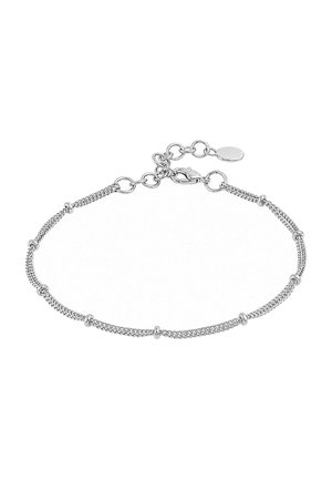 Delicate silver chain bracelet with small bead accents and adjustable clasp with extension links and oval tag.