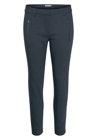 Námořnické modré, slim-fit kalhoty vyrobené z měkkého materiálu s bočními kapsami na zip, poutky na pásek a hladkou texturou. Žádné viditelné značky ani vzory.