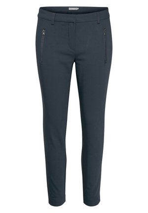 Marinblå, slim-fit byxor gjorda av mjukt material med dragkedjeförsedda sidofickor, bältesöglor och en slät yta. Inga synliga markeringar eller mönster.