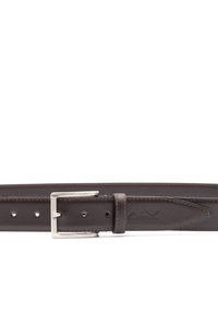 Ciemnobrązowy skórzany pasek z metalową klamrą w kolorze srebrnym. Cechy to staranne przeszycia oraz kilka otworów do regulacji rozmiaru.