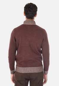 Maglione lavorato a maglia marrone con un colletto alto, caratterizzato da un collo e un orlo a coste a righe in contrasto. La vista posteriore mostra una texture liscia e una vestibilità aderente.