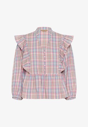 Blouse à carreaux roses et pastel avec manches à volants, col en V et boutons sur le devant. Confectionnée en tissu léger, avec une taille froncée.