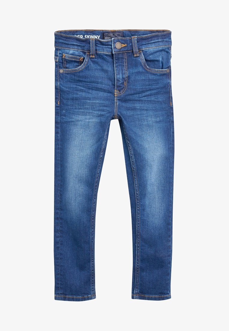 Jean skinny en denim bleu avec poches avant, passants pour ceinture et fermeture à bouton, présentant une légère décoloration au niveau des cuisses.