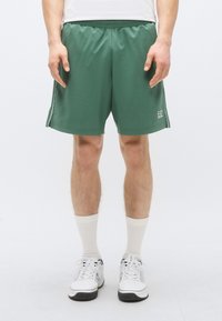 Grønne treningsshorts med elastisk midjebånd, sidestriper og en logo foran. Glatt stoff og en avslappet passform, over kneet.