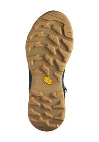 Semelle de chaussure extérieure noire avec le logo Vibram jaune, présentant un motif de crampons texturé et multidirectionnel pour une meilleure adhérence et stabilité.