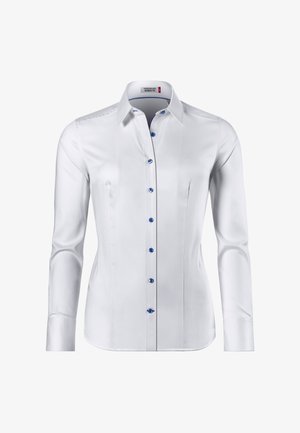 White long-sleeve shirt with a pointed collar, featuring blue buttons and subtle texture. Straight hem, tailored fit, front placket design.