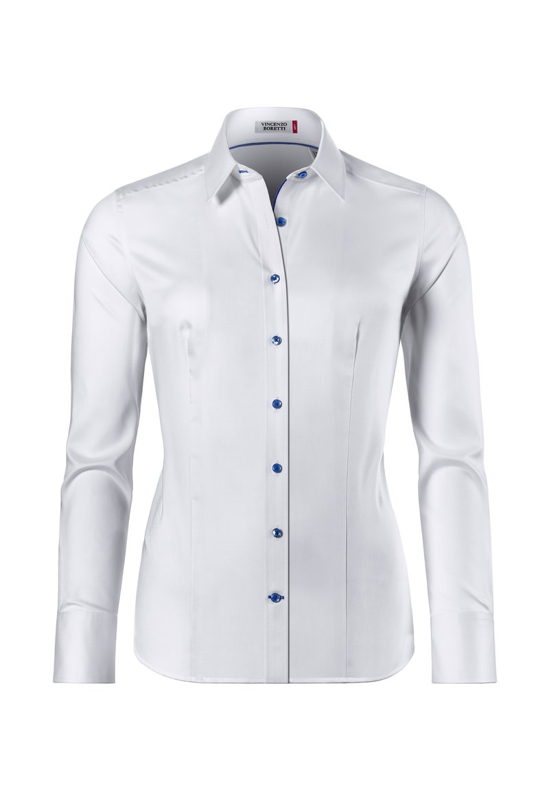 Chemise blanche à manches longues avec un col pointu, dotée de boutons bleus et d'une texture subtile. Ourlet droit, coupe ajustée, design avec patte de boutonnage.