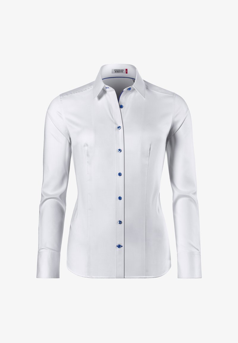 Chemise blanche à manches longues avec un col pointu, dotée de boutons bleus et d'une texture subtile. Ourlet droit, coupe ajustée, design avec patte de boutonnage.