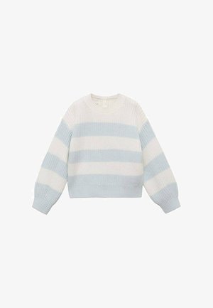 Strickpullover mit blauen und weißen horizontalen Streifen, einem runden Halsausschnitt sowie lockeren, gerippten Ärmeln und Saum.