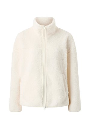 Kremfarvet fleecejakke med høj krave og fuld lynlås foran, der har et blødt, tekstureret stof og lange ærmer.