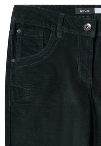 Tmavě zelené kordové kalhoty s texturovaným povrchem, obsahující přední kapsu, kovový knoflík a kontrastní stehy.