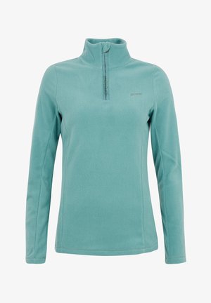 Pull polaire bleu clair à manches longues avec col montant et fermeture éclair courte au centre devant.