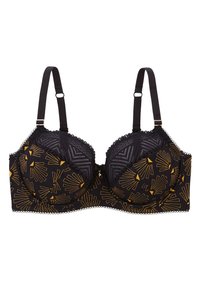 Soutien-gorge noir avec des motifs géométriques jaunes. Présente des finitions en dentelle, des bretelles ajustables et un design structuré pour le maintien. Texture de tissu lisse.