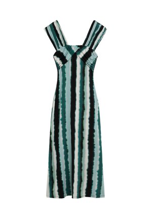 Vestido sin mangas con tirantes anchos, busto ajustado y rayas verticales tie-dye en verde, negro y blanco que llegan hasta la mitad de la pantorrilla.