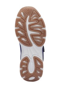 Die Schuhsohle verfügt über eine Gummisohle mit einer strukturierten Wabenstruktur, eine weiße Zwischensohle und braune Seitenakzente für Griffigkeit und Langlebigkeit.