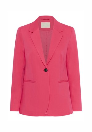 Blazer rosa realizzato in un tessuto liscio, caratterizzato da una chiusura con un solo bottone, rever a taglio e due tasche frontali. Vestibilità su misura.