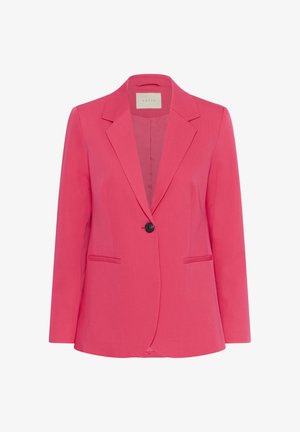 Blazer rose en tissu lisse, doté d'une fermeture à un bouton, de revers crantés et de deux poches avant. Coupe ajustée.