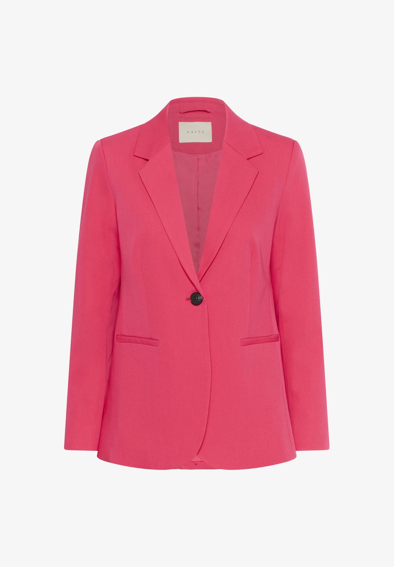 Růžový blazer vyrobený z hladké látky, se zapínáním na jeden knoflík, klopovými límci a dvěma předními kapsami. Přiléhavý střih.