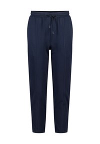 Pantalons taperés bleu marine en tissu texturé, avec une taille élastique et un cordon de serrage. Comprend des coutures avant et un design décontracté.