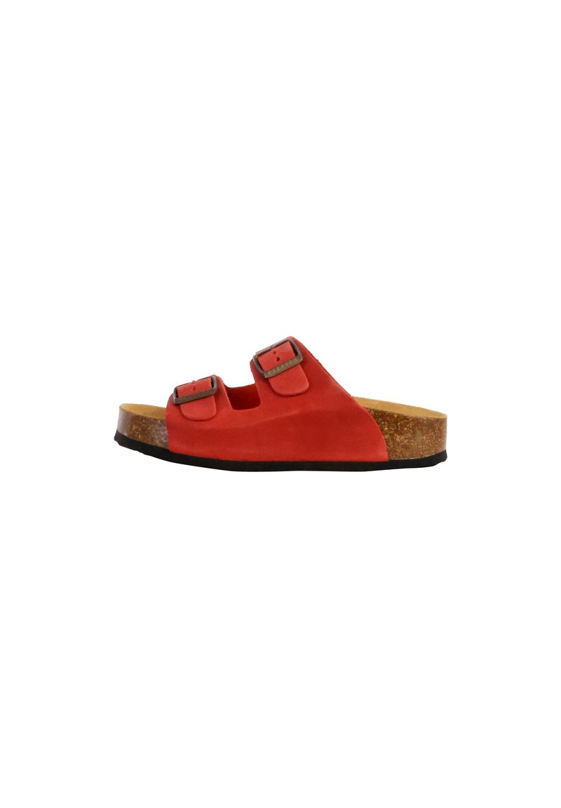 Sandalo rosso in suede con due fibbie regolabili, soletta in sughero e suola in gomma nera; design open-toe.