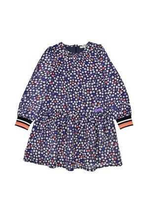 Marineblaues Langarmkleid mit kleinem Blumenmuster in Weiß, Orange und Lila sowie gerippten, gestreiften Bündchen in Schwarz, Weiß und Pfirsich.
