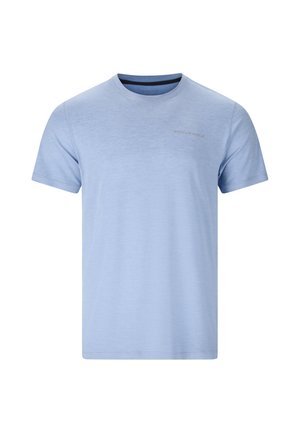 Hellblaues T-Shirt mit kurzen Ärmeln und Rundhalsausschnitt sowie „"ENDURANCE"“-Schriftzug auf der linken Brust, präsentiert vor weißem Hintergrund.