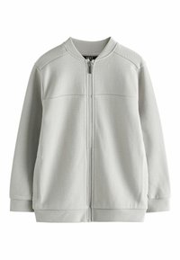 Hellgraue Zip-Jacke mit strukturiertem Finish, geripptem Kragen und Bündchen sowie geradem Schnitt. Verfügt über zwei seitliche Taschen.