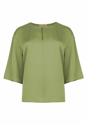 Hellgrüne Satinkleidbluse mit weiten, ellbogenlangen Ärmeln, rundem Ausschnitt und kleinem vorderen Schlitz.