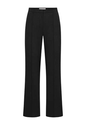 Schwarze, hoch taillierte, maßgeschneiderte Hose mit geradem Bein und dezenten Falten vorne, präsentiert auf weißem Hintergrund.