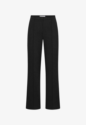 Schwarze, hoch taillierte, maßgeschneiderte Hose mit geradem Bein und dezenten Falten vorne, präsentiert auf weißem Hintergrund.