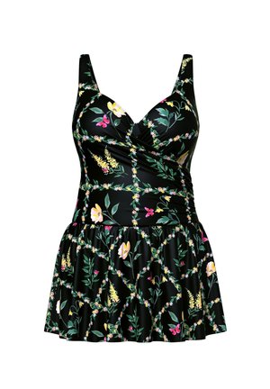 Zwart bloemen badpak met een aansluitend bovenstuk en een zwierige rok. Kenmerkt zich door kleurrijke bloemen en groene bladeren in een herhalend patroon. Verstelbare bandjes.