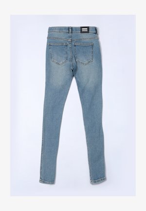 Blue denim skinny jeans with a smooth texture, five pockets, and a black waistband label. The design features a classic denim wash.