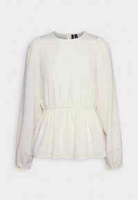 Blusa bianca a peplo con maniche lunghe a sbuffo, scollo rotondo e vita arricciata. Tessuto liscio con un leggero lucido. Chiusura con bottoni sul retro.